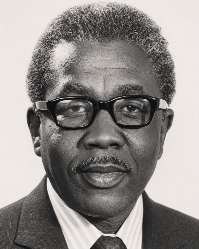 Formal black-and-white portrait of James Alexander wearing glasses and a suit