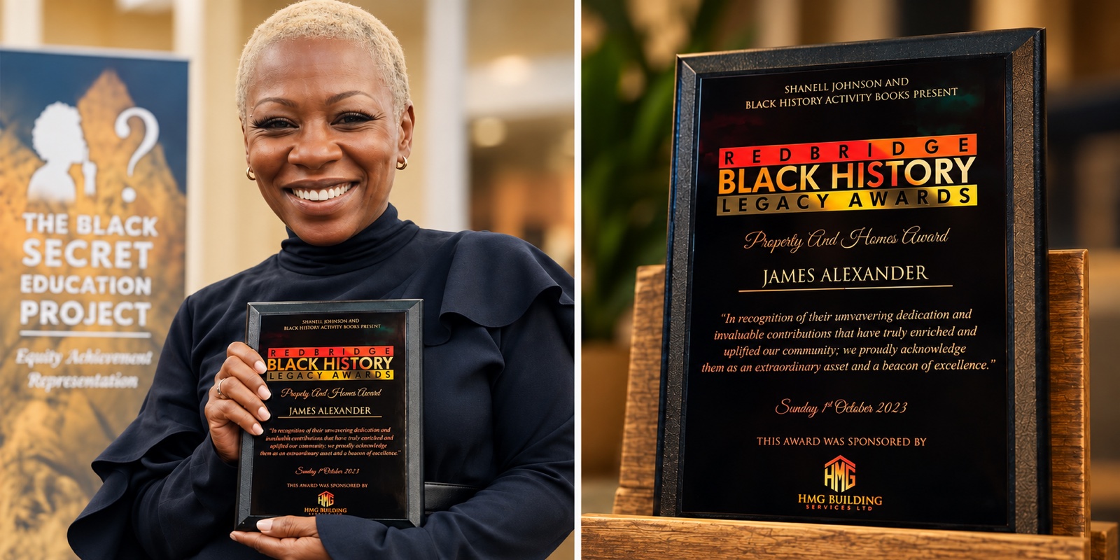 Joanna Alexander smiling and holding the framed Redbridge Black History Month Legacy Award for James Alexander