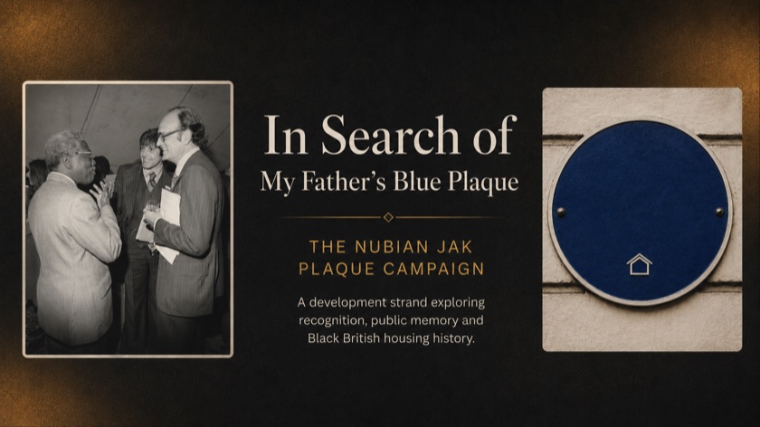 In Search of My Father’s Blue Plaque campaign artwork with an archive photograph and a blue plaque