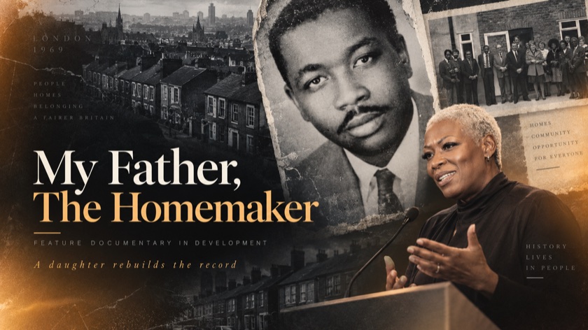 My Father, The Homemaker feature documentary artwork featuring James Alexander, Joanna Alexander, London housing and an archive group photograph